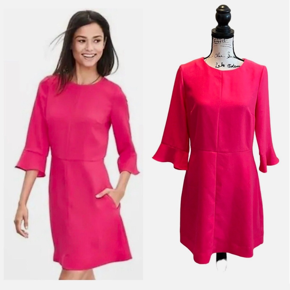 Banana Republic Flutter 3/4 Sleeve Dress Pink Size 10 P Barbie Workwear pockets